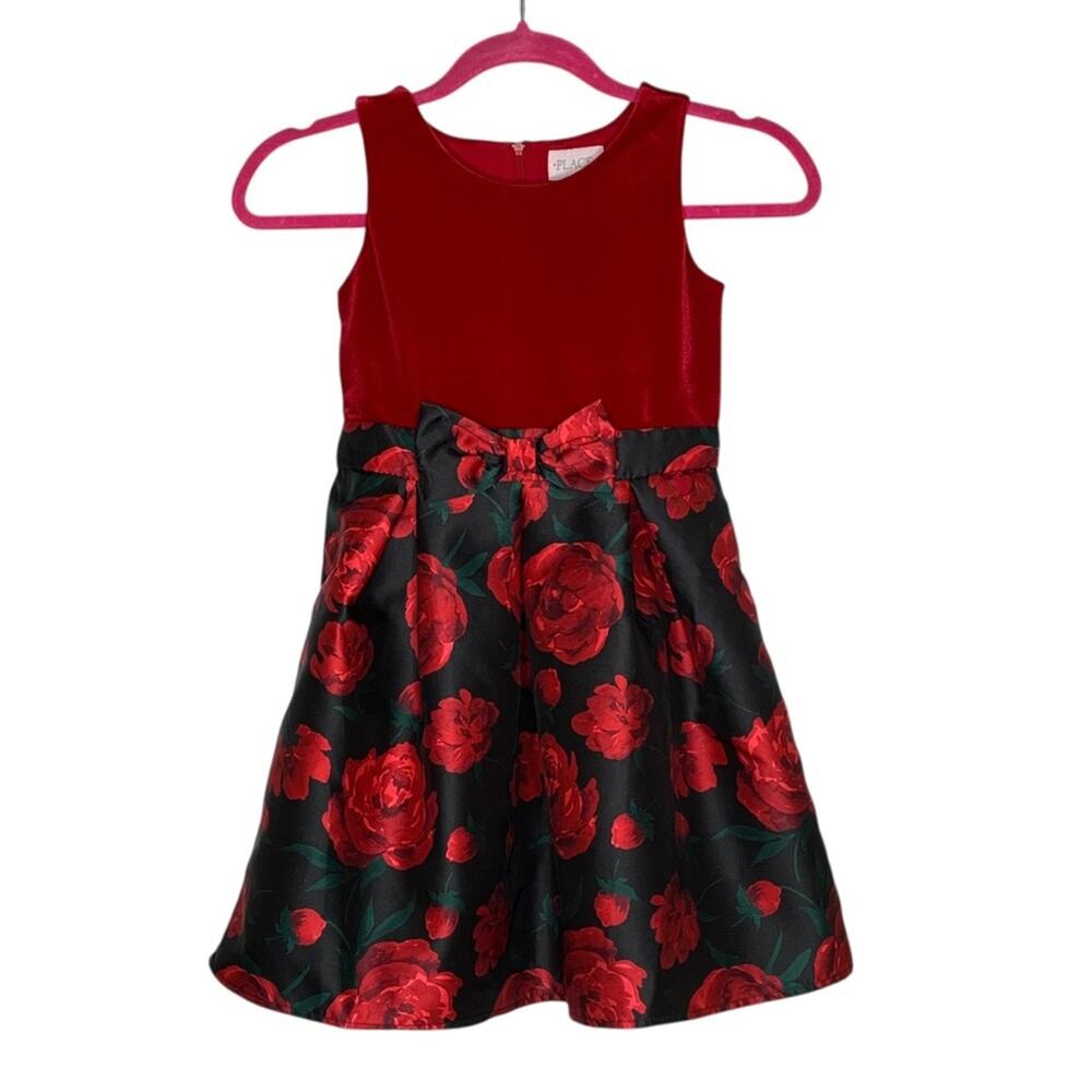 Place NWOT Dress Sleeveless Red Velour Top Black & Red Floral Print Size 6X